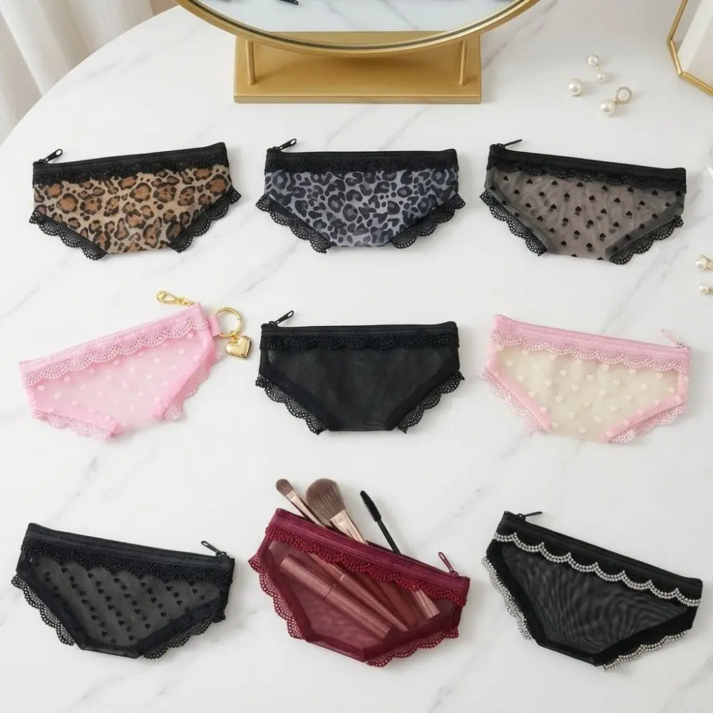 New Briefs Shape Cosmetic Bag Mesh Lace Heart Makeup Storage Pouch Y2K Transparent Toiletry Bag Storage for Travel