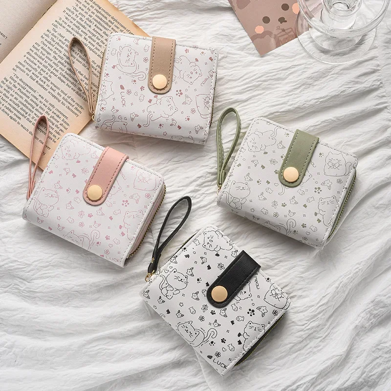1pc Cute Cat Girls Wallet Short Student ID Bank Card Holder Money Bag Zipper Wallets for Women Key Storage Purse Coin Purse