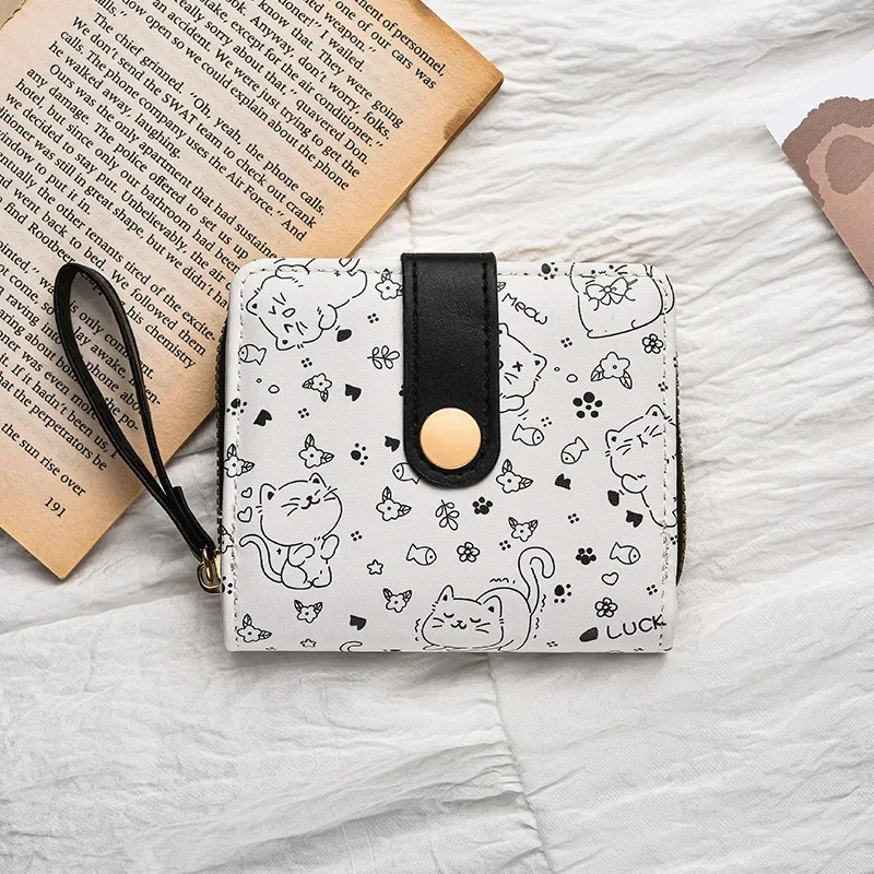 1pc Cute Cat Girls Wallet Short Student ID Bank Card Holder Money Bag Zipper Wallets for Women Key Storage Purse Coin Purse