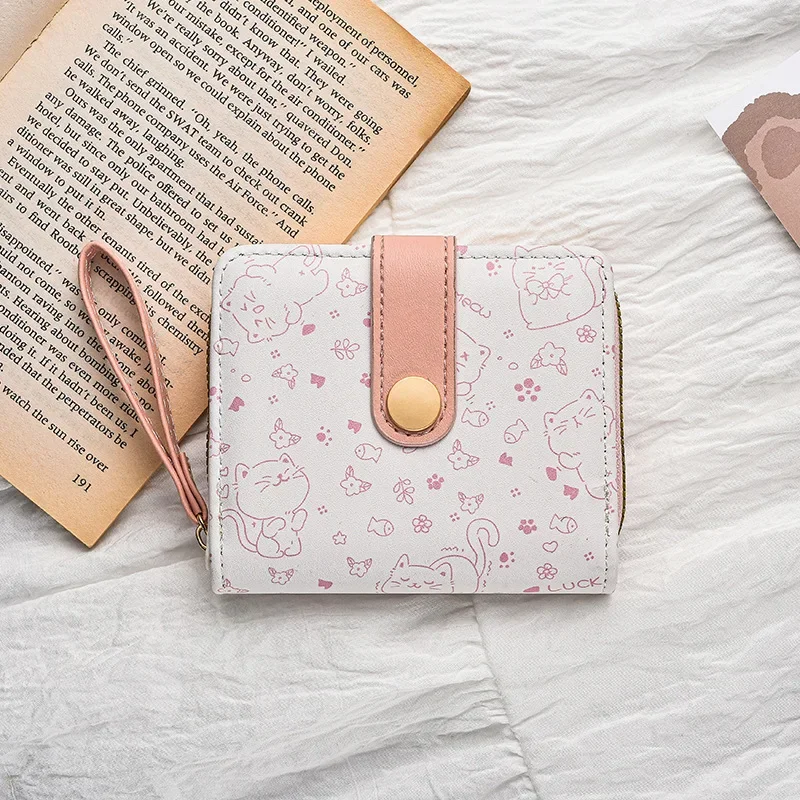 1pc Cute Cat Girls Wallet Short Student ID Bank Card Holder Money Bag Zipper Wallets for Women Key Storage Purse Coin Purse