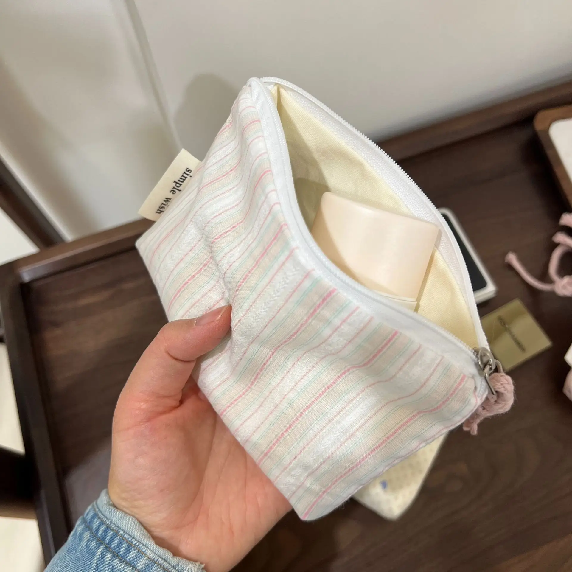 Pink Striped Women Makeup Bag Cute Wallet Mini Cosmetic Bags Portable Key Earphone Lipstick Storage Bag Coin Purse