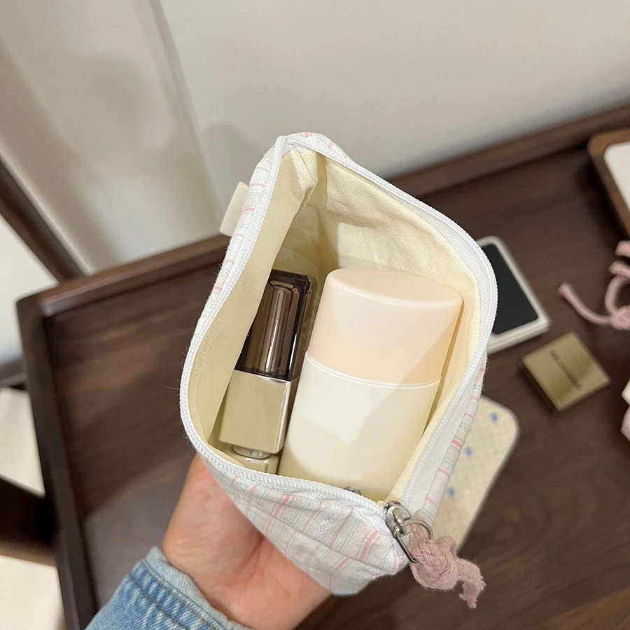 Pink Striped Women Makeup Bag Cute Wallet Mini Cosmetic Bags Portable Key Earphone Lipstick Storage Bag Coin Purse