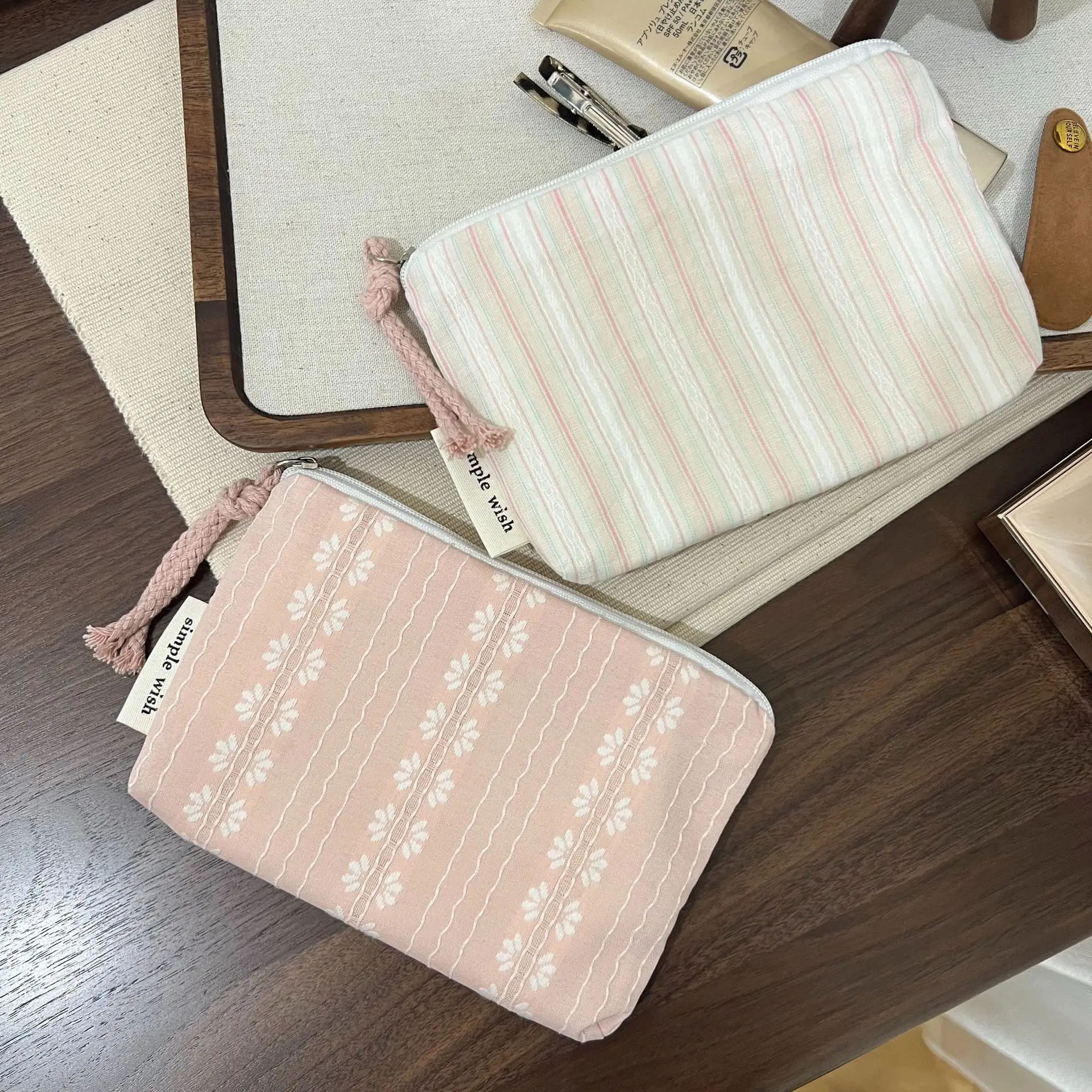 Pink Striped Women Makeup Bag Cute Wallet Mini Cosmetic Bags Portable Key Earphone Lipstick Storage Bag Coin Purse