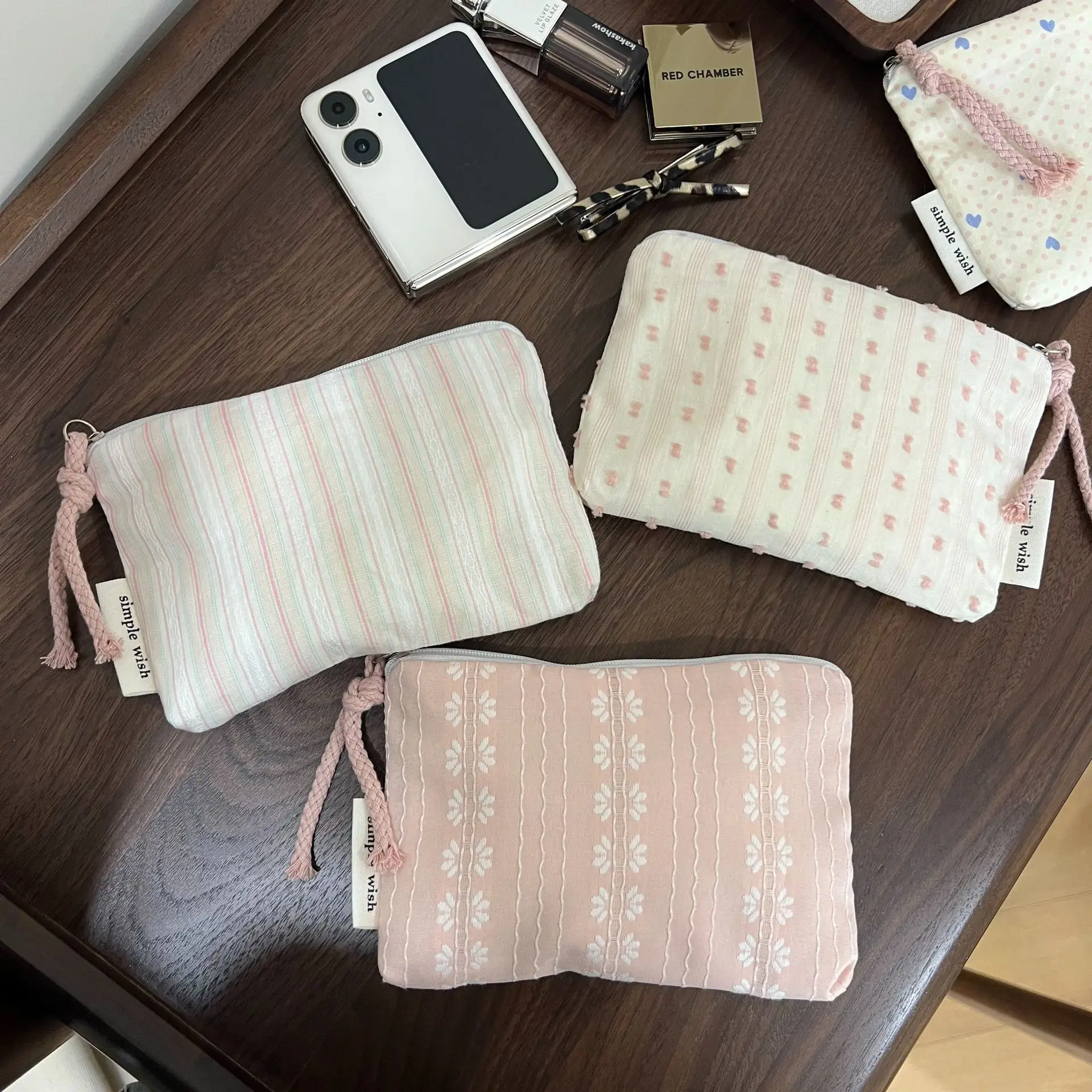Pink Striped Women Makeup Bag Cute Wallet Mini Cosmetic Bags Portable Key Earphone Lipstick Storage Bag Coin Purse