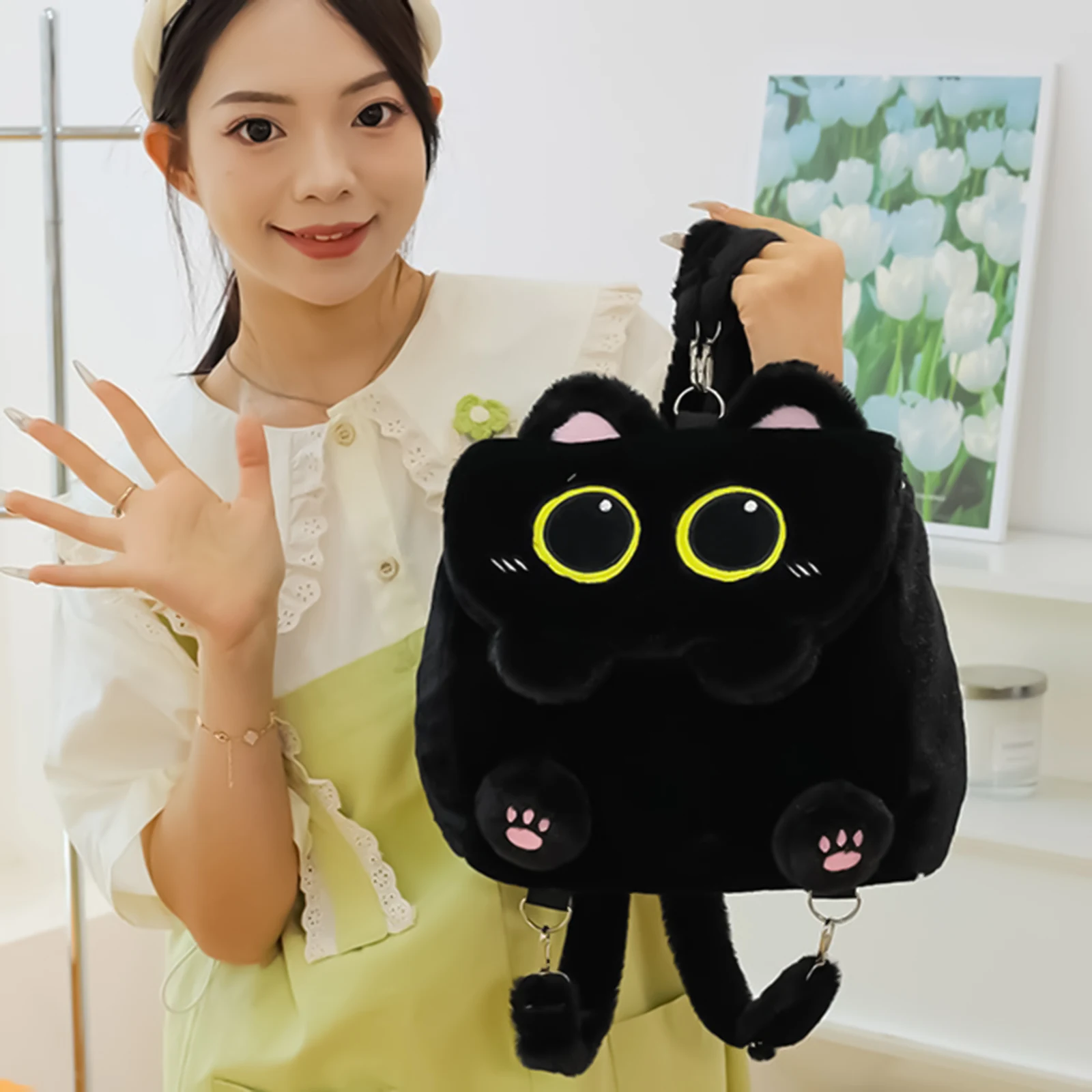 Black Cat Plush Backpack for Girls Cute Kitten Design Large Capacity Lightweight School Bag for Students Travel Daily Use