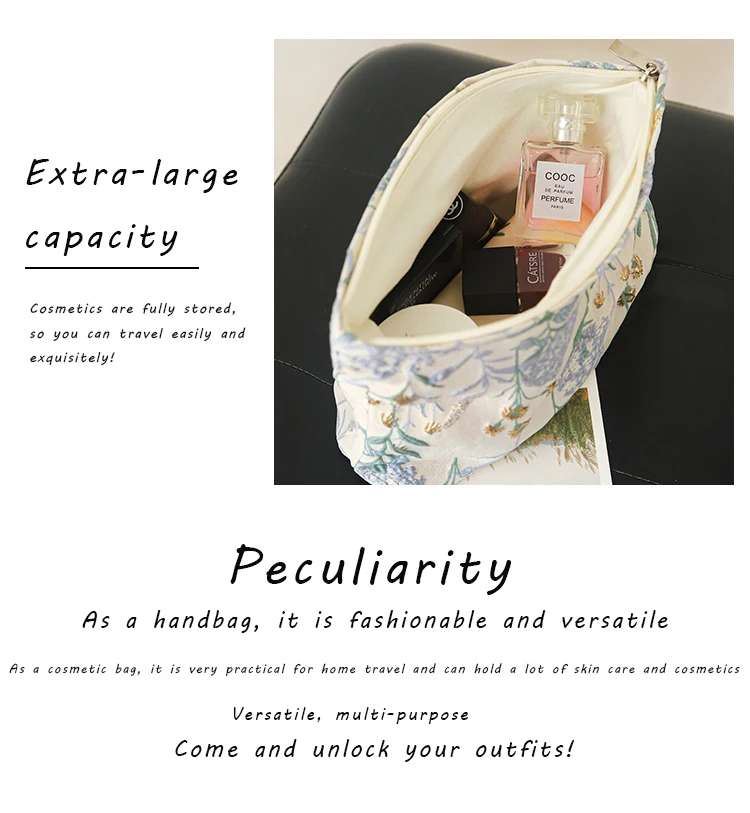 Blue Bouquet Women Makeup Bag, Large Capacity Canvas Toiletry Bag-for Sanitary Napkin & Makeup Supplies Storage,Travel Organizer