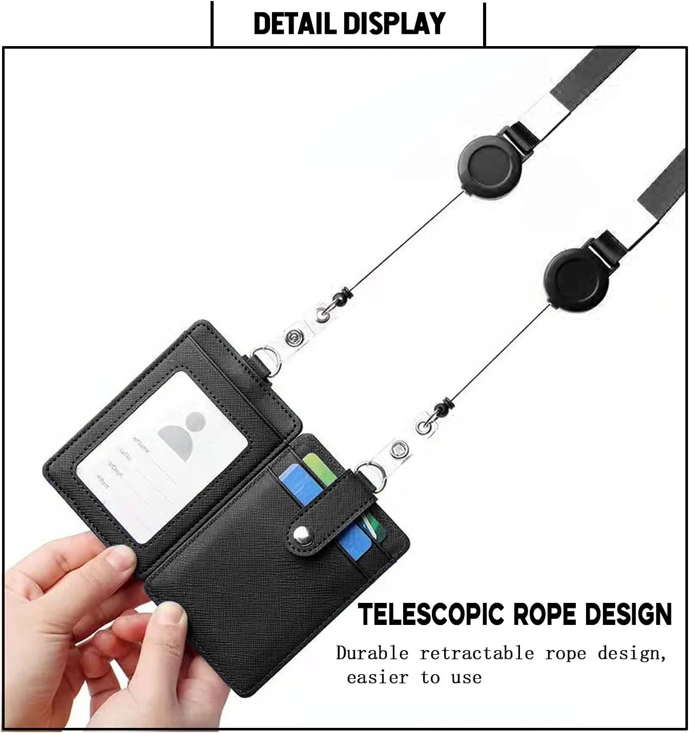 PU Leather Slim Minimalist Wallet ID Card ID Card Holder, Retractable Lanyard Neck Strap with 1 ID Window and 2 Card Slot