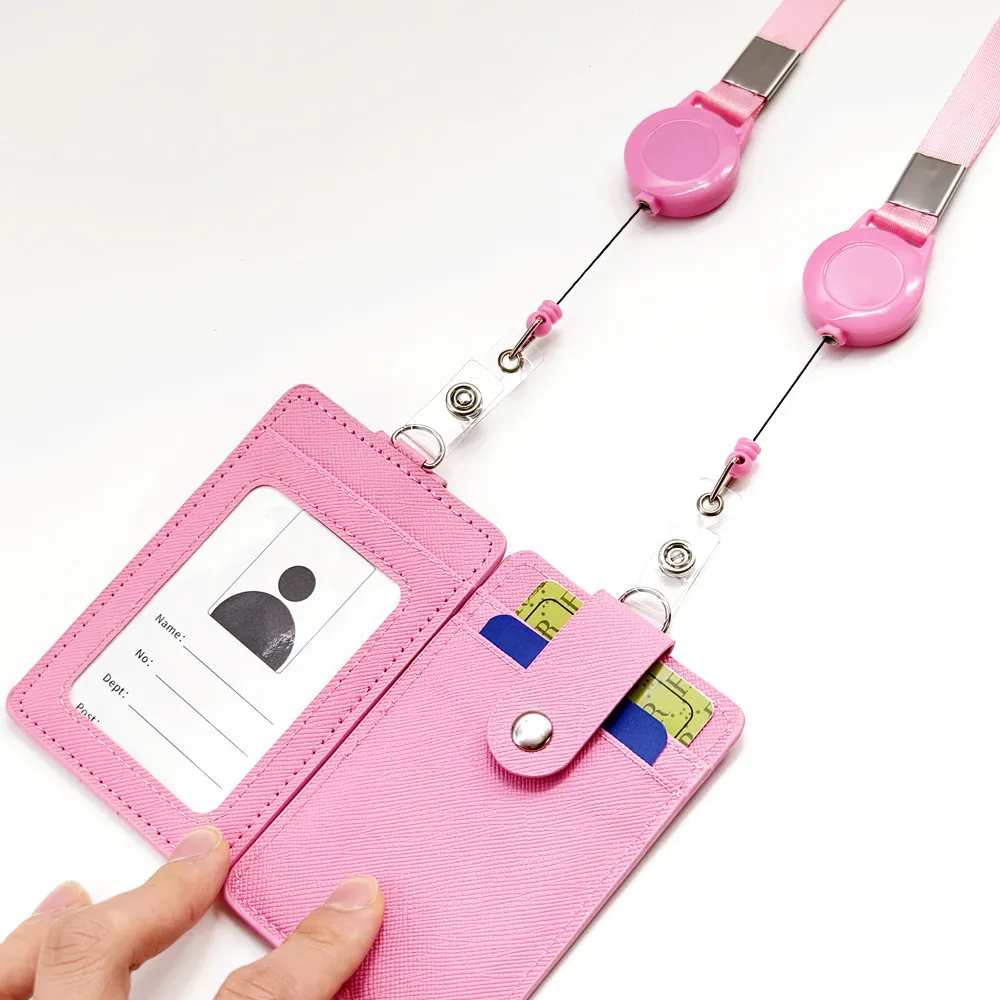 PU Leather Slim Minimalist Wallet ID Card ID Card Holder, Retractable Lanyard Neck Strap with 1 ID Window and 2 Card Slot