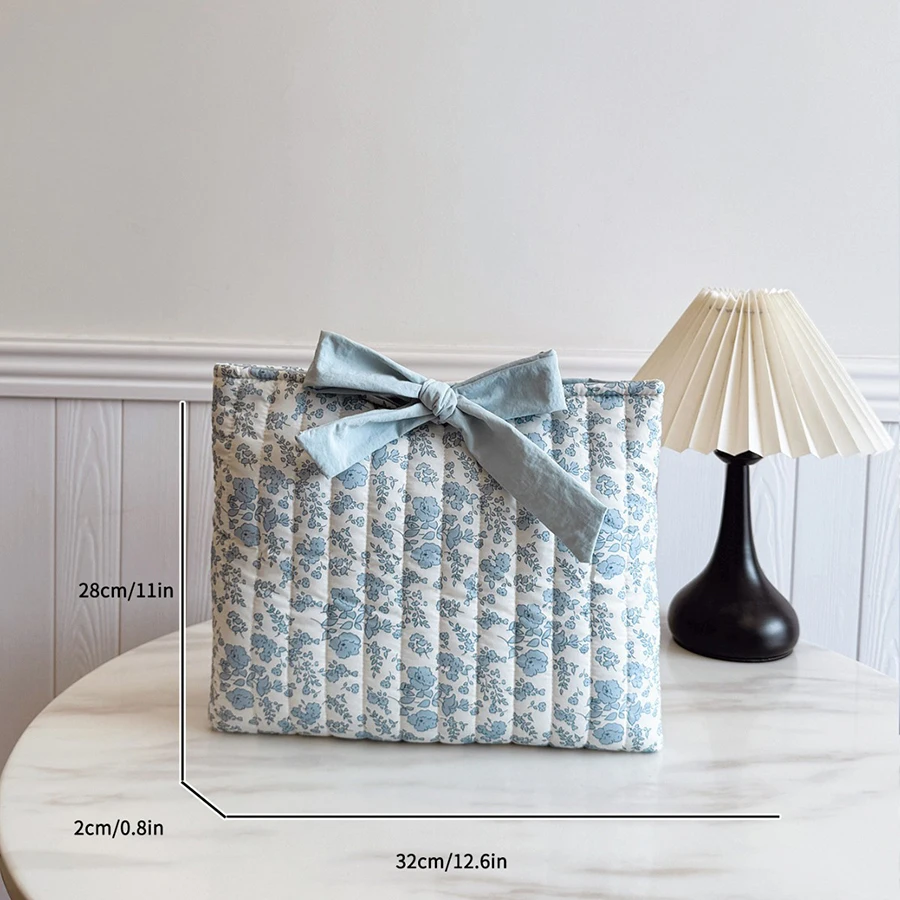 1PC Floral Quilted Makeup Bag with Bow Large Capacity Multifunctional Practical Lightweight College Style Unsealed Lined