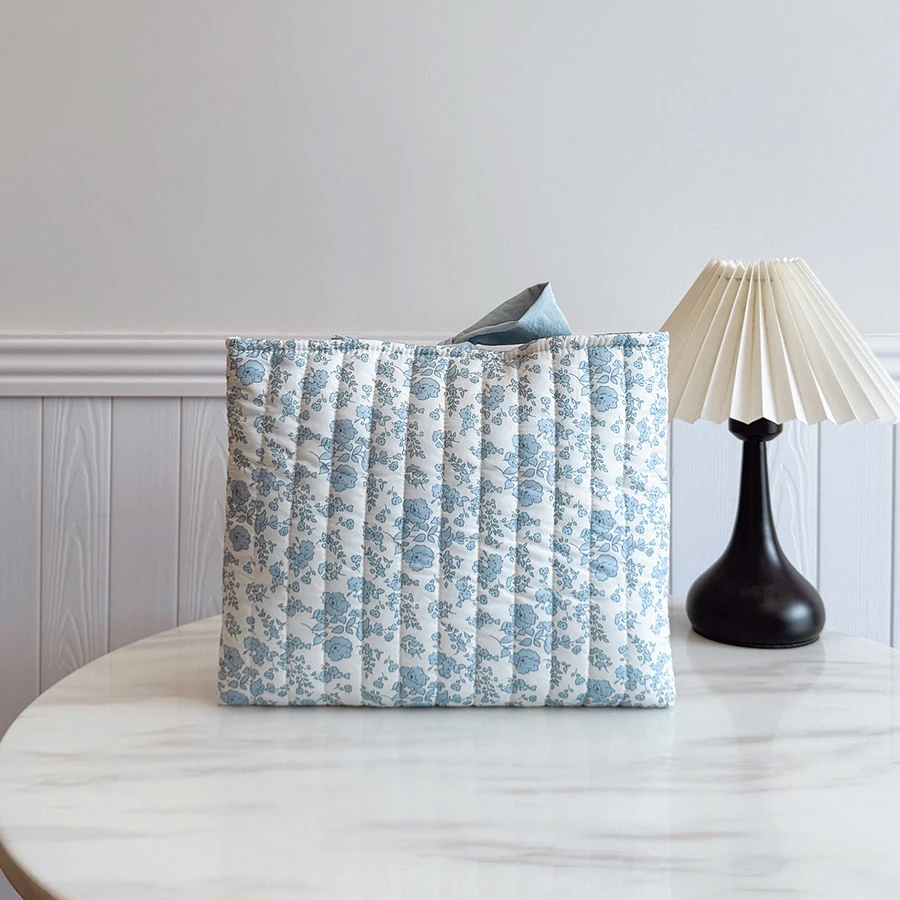 1PC Floral Quilted Makeup Bag with Bow Large Capacity Multifunctional Practical Lightweight College Style Unsealed Lined