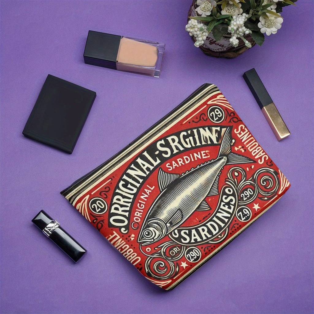 Exquisite Linen 1pc Vintage Sardines Can Design Makeup Bag |Cosmetic Organizer Travel Toiletry Organizer, Unique Gift for Women