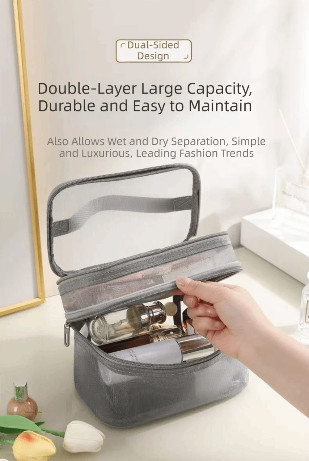 2/3 Layer Portable Transparent Mesh Travel Bag Large Capacity Storage Toiletry Bag 2/3 Layer Makeup Case Toiletries Organization