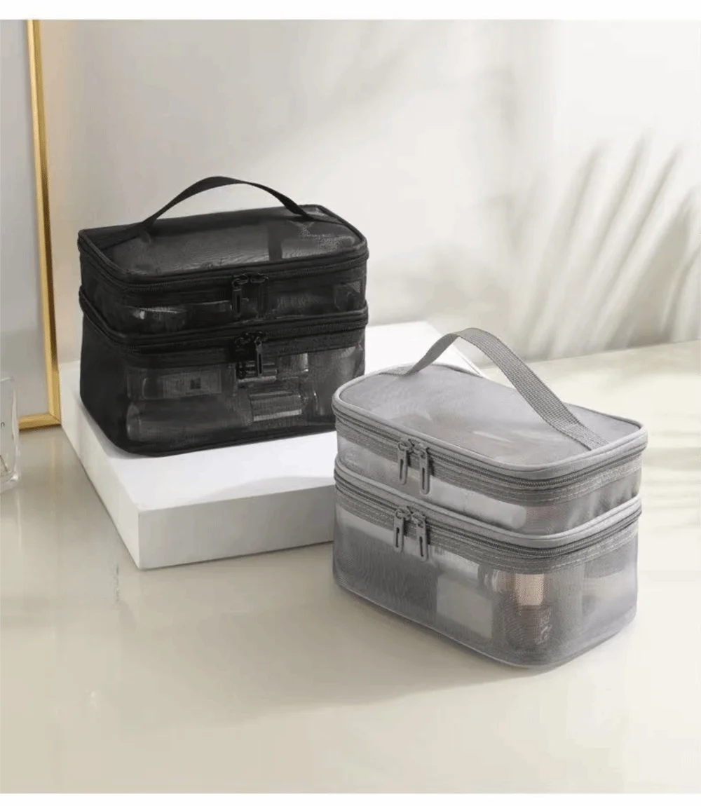 2/3 Layer Portable Transparent Mesh Travel Bag Large Capacity Storage Toiletry Bag 2/3 Layer Makeup Case Toiletries Organization