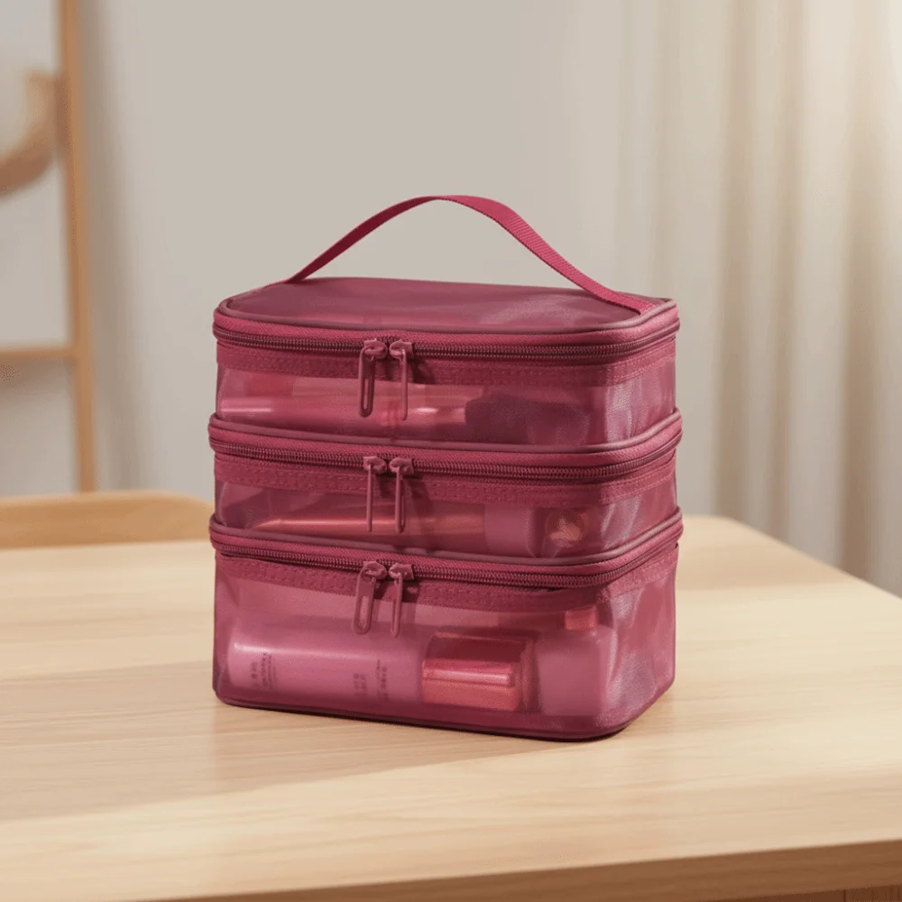 2/3 Layer Portable Transparent Mesh Travel Bag Large Capacity Storage Toiletry Bag 2/3 Layer Makeup Case Toiletries Organization