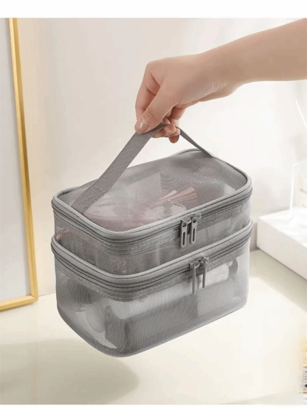 2/3 Layer Portable Transparent Mesh Travel Bag Large Capacity Storage Toiletry Bag 2/3 Layer Makeup Case Toiletries Organization