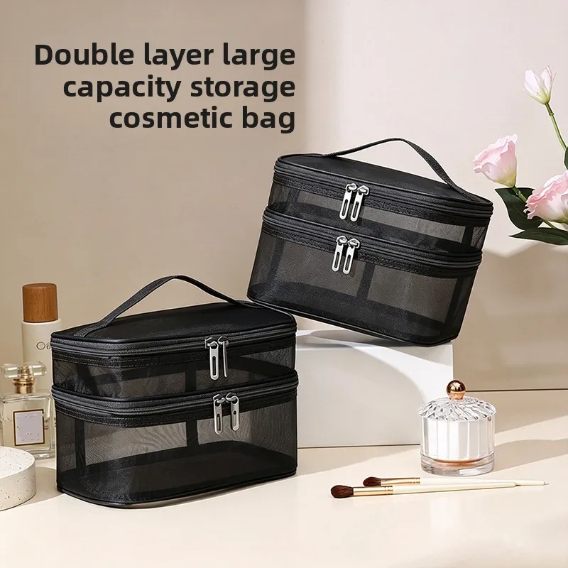 Portable Handheld Mesh Cosmetic Pouch Large Capacity Toiletry Organizer Multifunctional Travel Makeup Storage Bag
