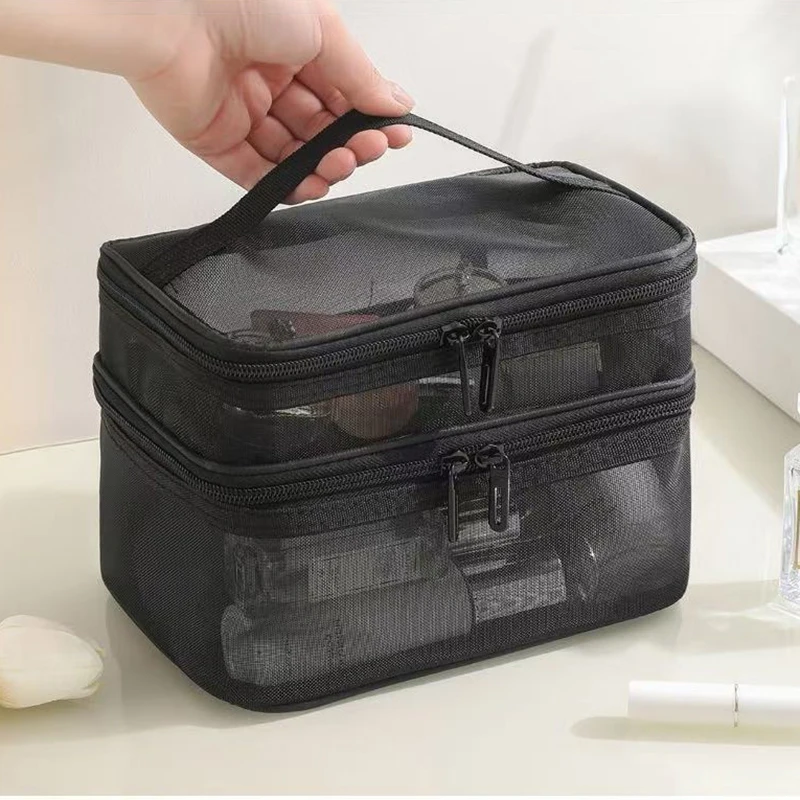Portable Handheld Mesh Cosmetic Pouch Large Capacity Toiletry Organizer Multifunctional Travel Makeup Storage Bag
