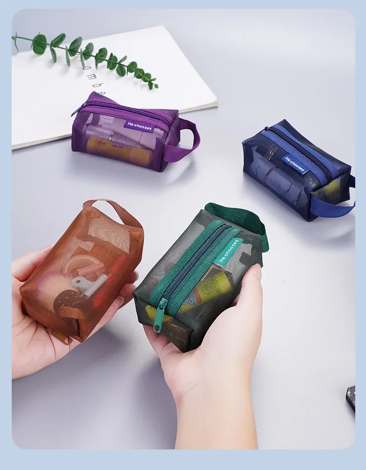 Mini Clear Nylon Mesh zipper Cosmetic Bags Cute Women Small Lipstick Makeup Bags Pouch Data Line Key Earphone Organizer Case
