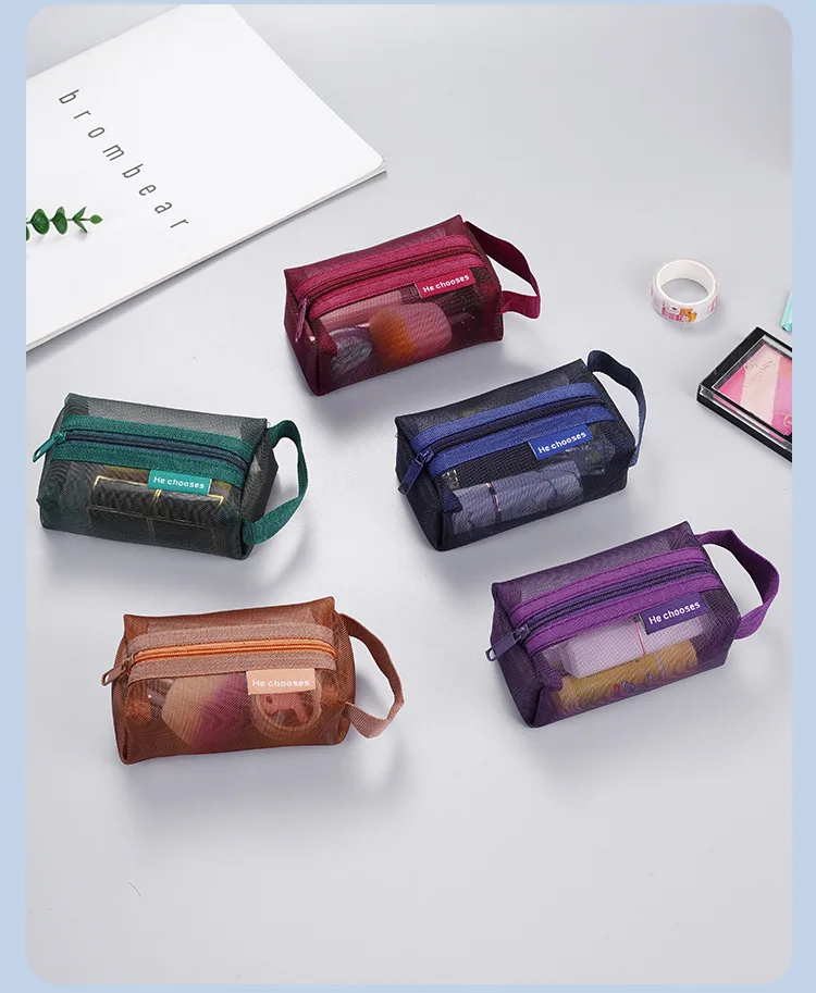 Mini Clear Nylon Mesh zipper Cosmetic Bags Cute Women Small Lipstick Makeup Bags Pouch Data Line Key Earphone Organizer Case