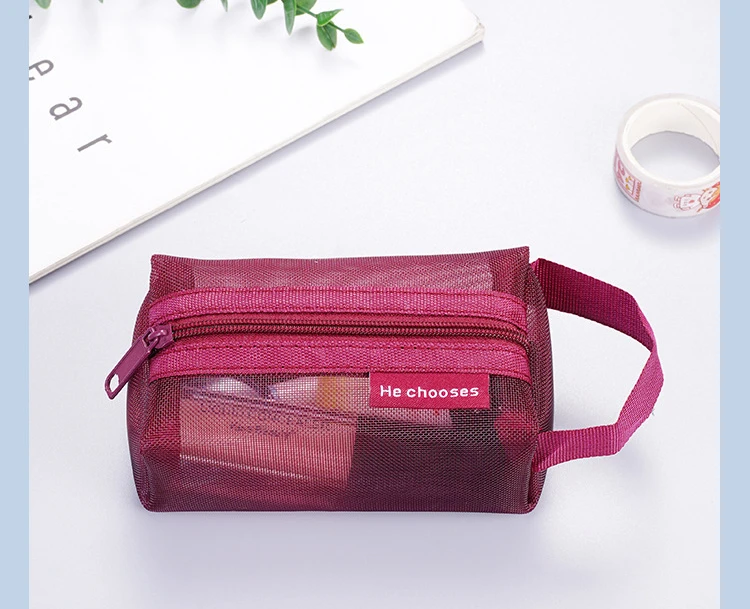 Mini Clear Nylon Mesh zipper Cosmetic Bags Cute Women Small Lipstick Makeup Bags Pouch Data Line Key Earphone Organizer Case
