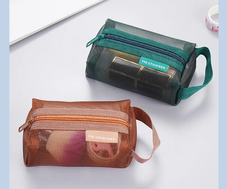 Mini Clear Nylon Mesh zipper Cosmetic Bags Cute Women Small Lipstick Makeup Bags Pouch Data Line Key Earphone Organizer Case