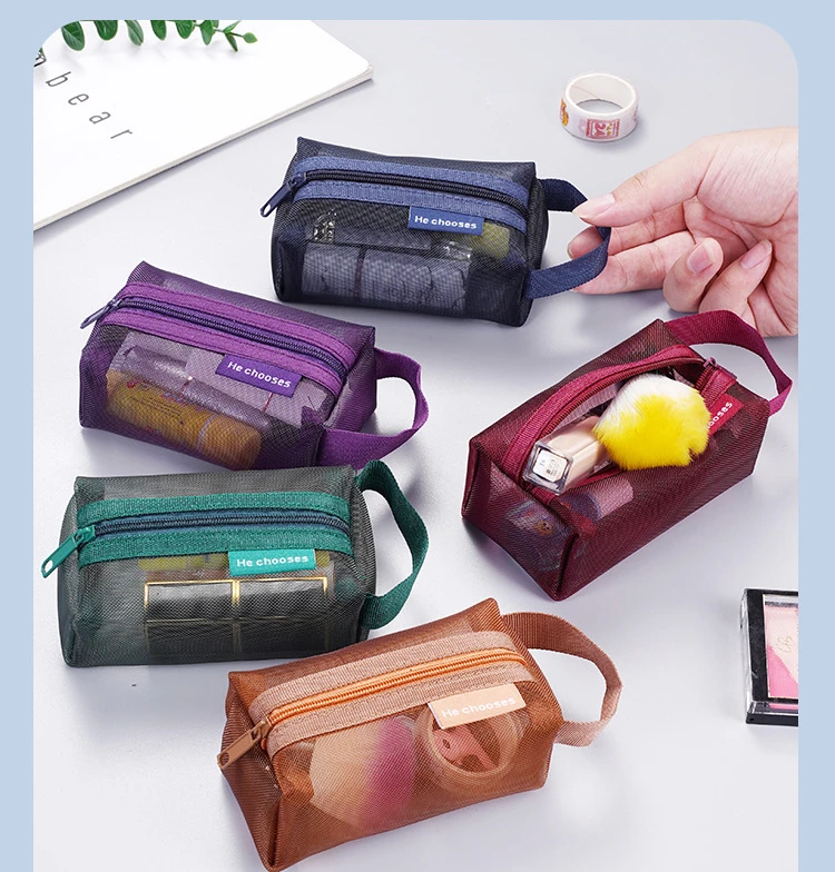 Mini Clear Nylon Mesh zipper Cosmetic Bags Cute Women Small Lipstick Makeup Bags Pouch Data Line Key Earphone Organizer Case