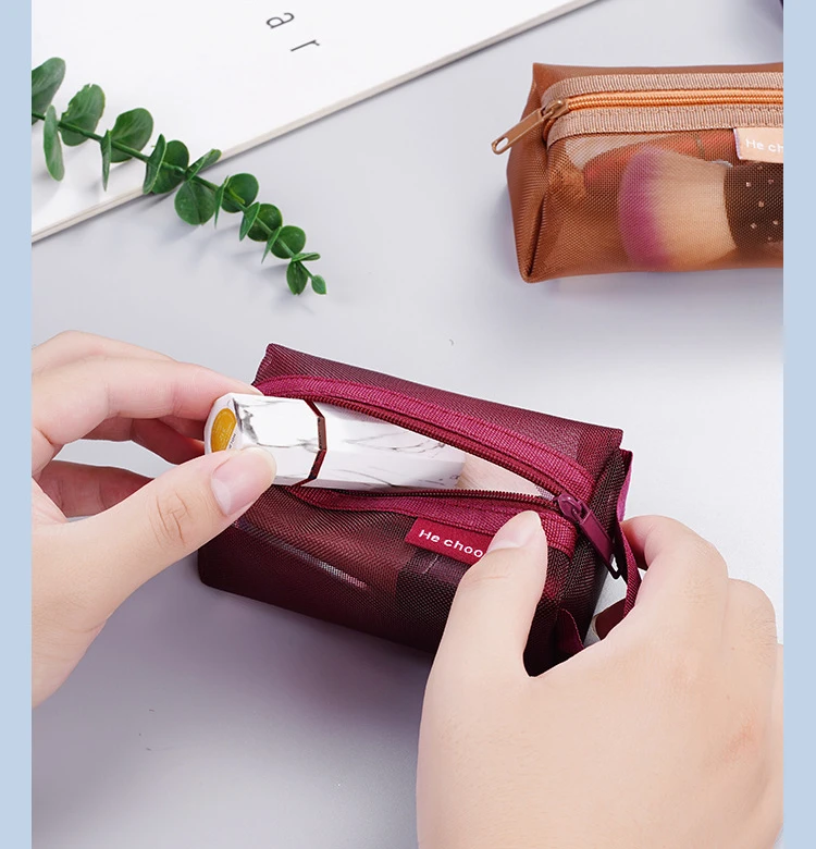 Mini Clear Nylon Mesh zipper Cosmetic Bags Cute Women Small Lipstick Makeup Bags Pouch Data Line Key Earphone Organizer Case