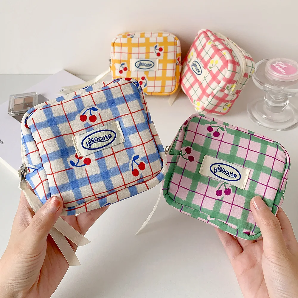 women's Makeup Bags Japanese Cherry Plaid Dopamine Sweet Kawaii Cute Cosmetic Bags Portable Multifunctional Storage Bag For Girl
