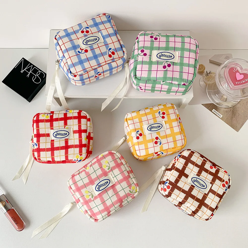 women's Makeup Bags Japanese Cherry Plaid Dopamine Sweet Kawaii Cute Cosmetic Bags Portable Multifunctional Storage Bag For Girl