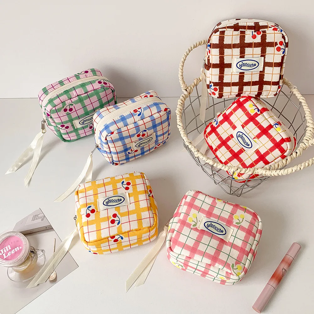 women's Makeup Bags Japanese Cherry Plaid Dopamine Sweet Kawaii Cute Cosmetic Bags Portable Multifunctional Storage Bag For Girl