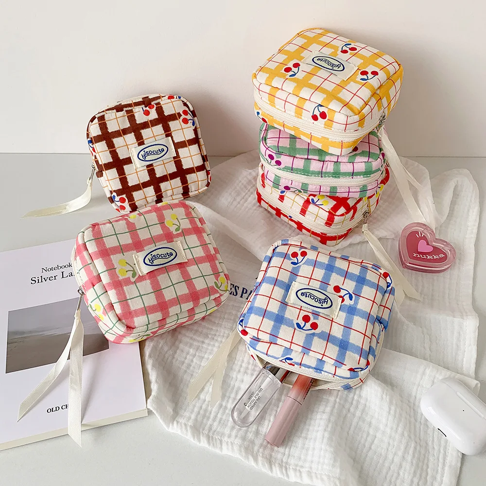 women's Makeup Bags Japanese Cherry Plaid Dopamine Sweet Kawaii Cute Cosmetic Bags Portable Multifunctional Storage Bag For Girl