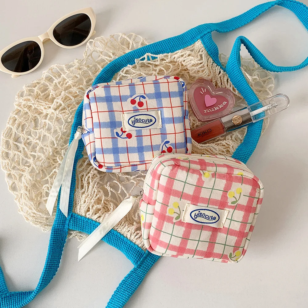 women's Makeup Bags Japanese Cherry Plaid Dopamine Sweet Kawaii Cute Cosmetic Bags Portable Multifunctional Storage Bag For Girl