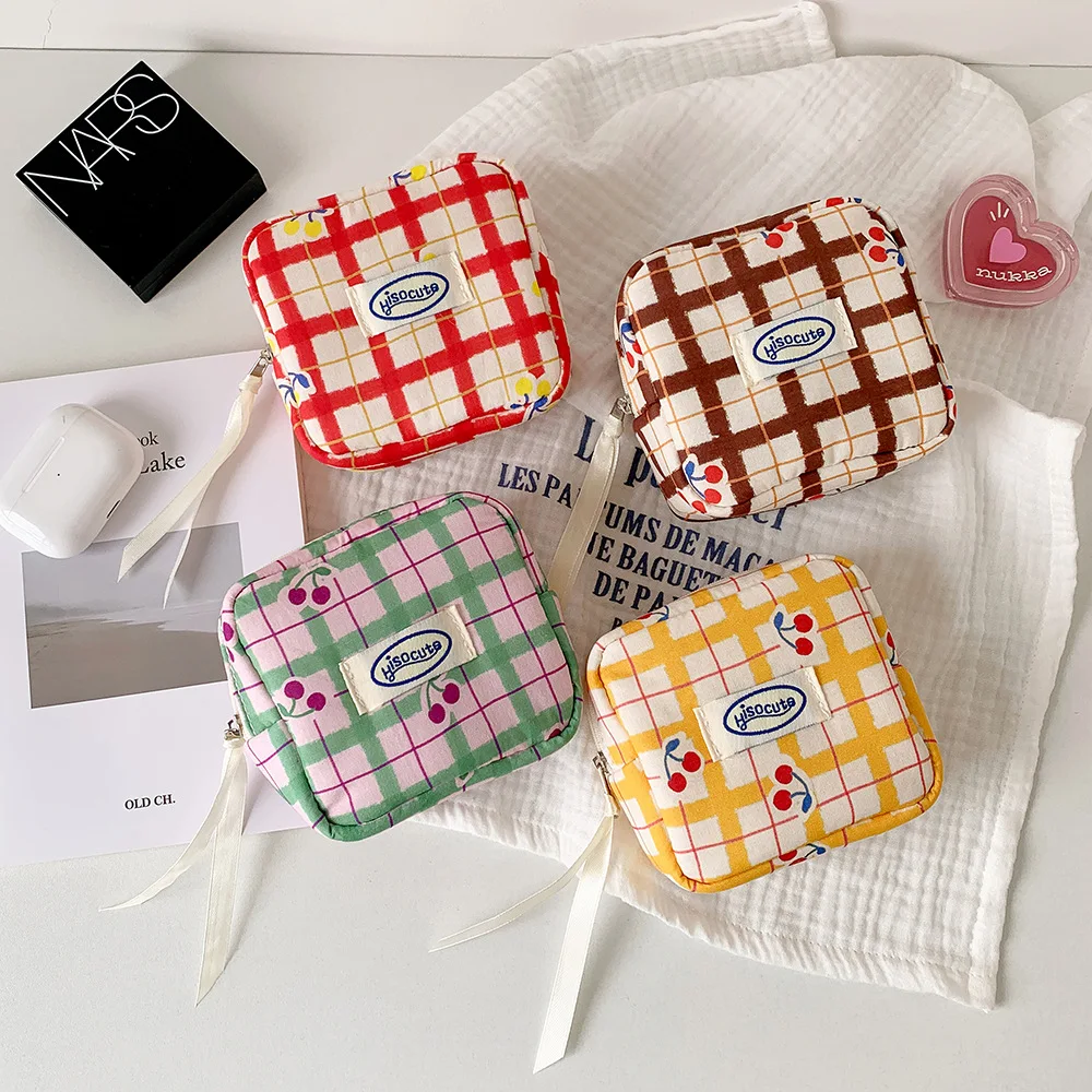 women's Makeup Bags Japanese Cherry Plaid Dopamine Sweet Kawaii Cute Cosmetic Bags Portable Multifunctional Storage Bag For Girl