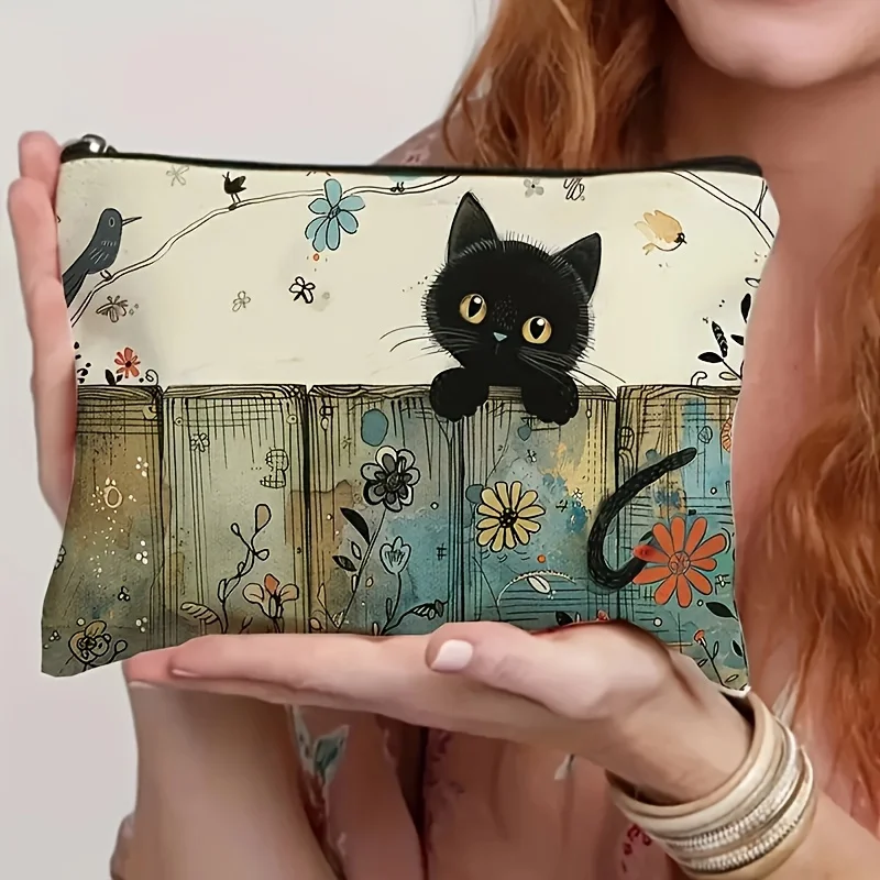 Charming Black Cat & Floral Design Zipper Pouch - Durable, Fade-Resistant, Lightweight Cosmetic Bag with Vibrant Illustration