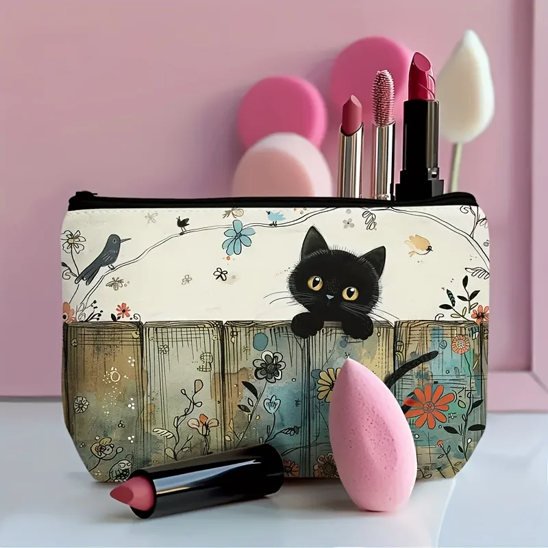 Charming Black Cat & Floral Design Zipper Pouch - Durable, Fade-Resistant, Lightweight Cosmetic Bag with Vibrant Illustration