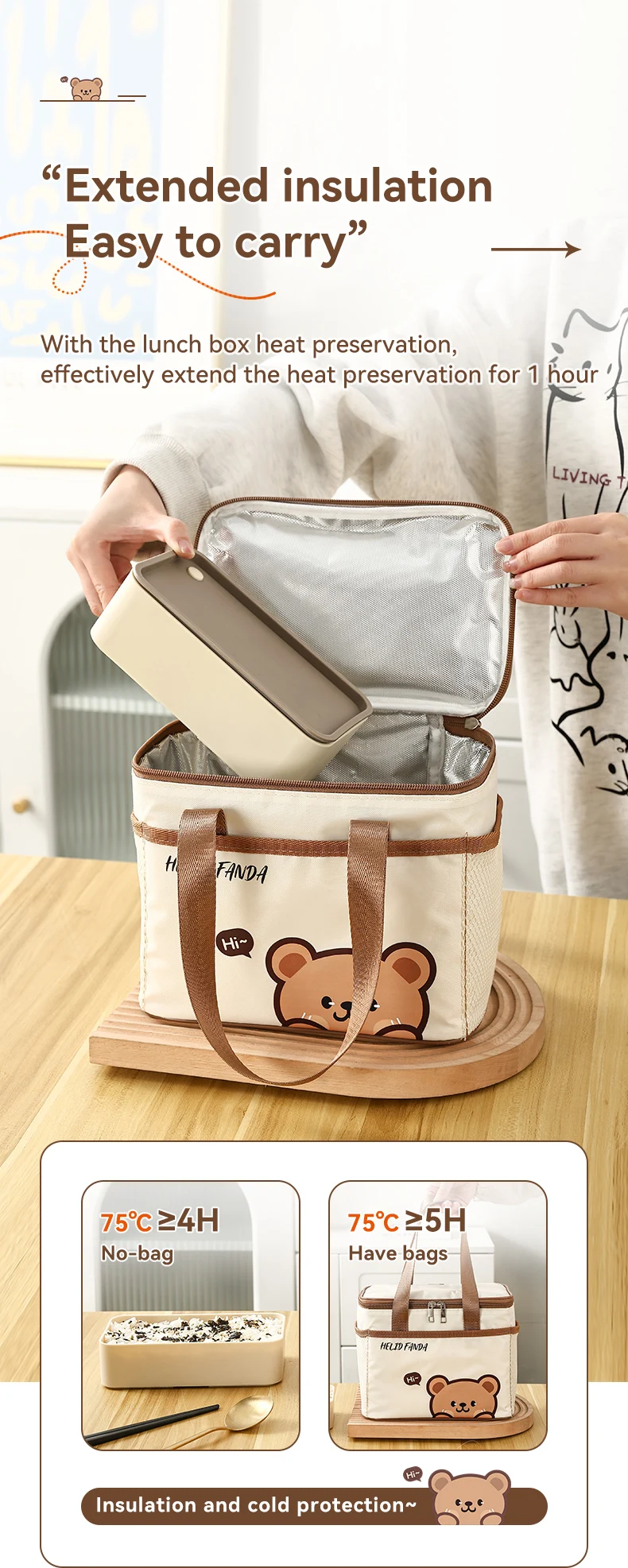 WORTHBUY Cute Thermal Lunch Box Bag Student Portable Large Capacity Insulated Lunch Bag Waterproof Reusable Picnic Cooler Bag