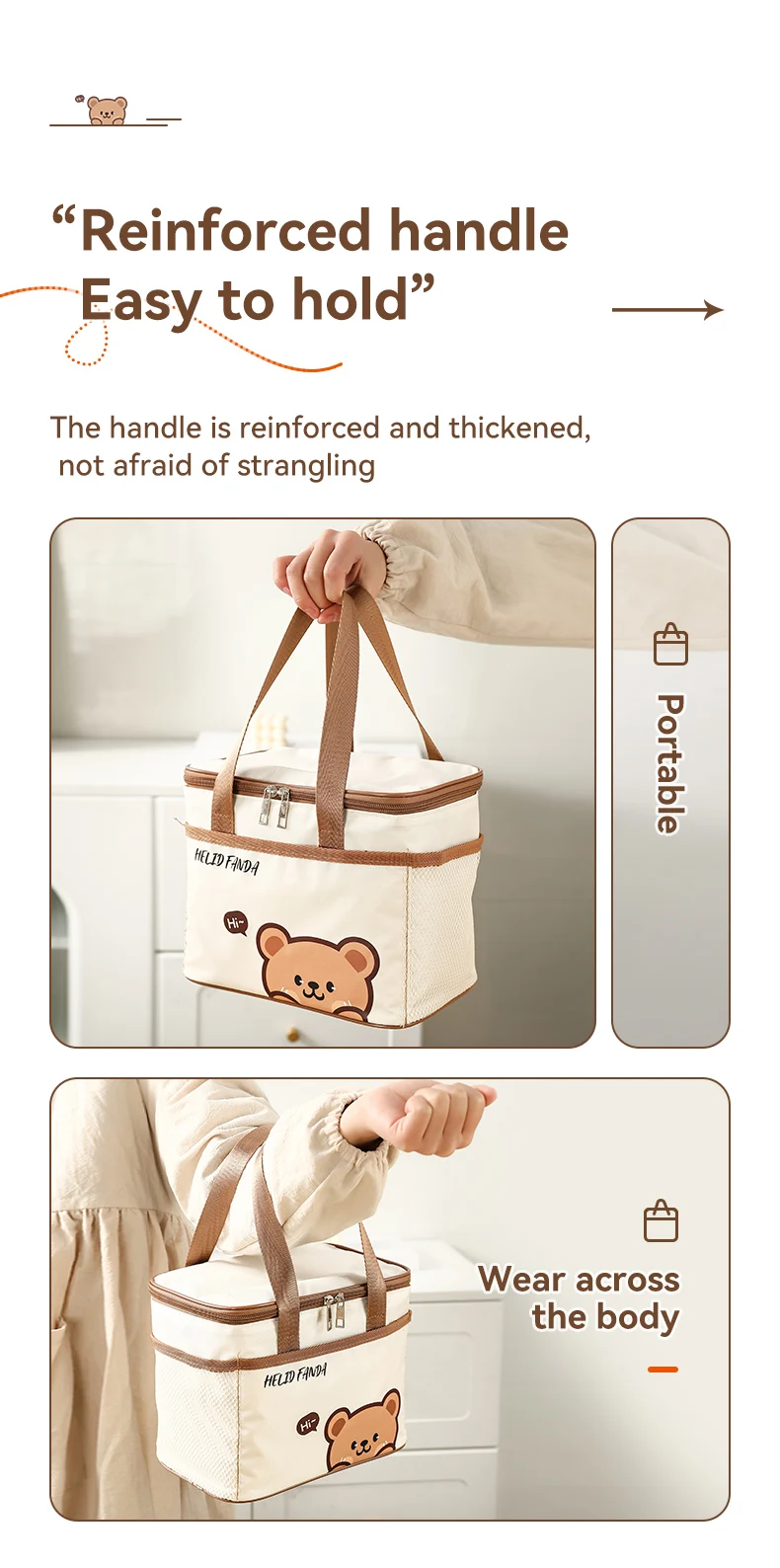 WORTHBUY Cute Thermal Lunch Box Bag Student Portable Large Capacity Insulated Lunch Bag Waterproof Reusable Picnic Cooler Bag