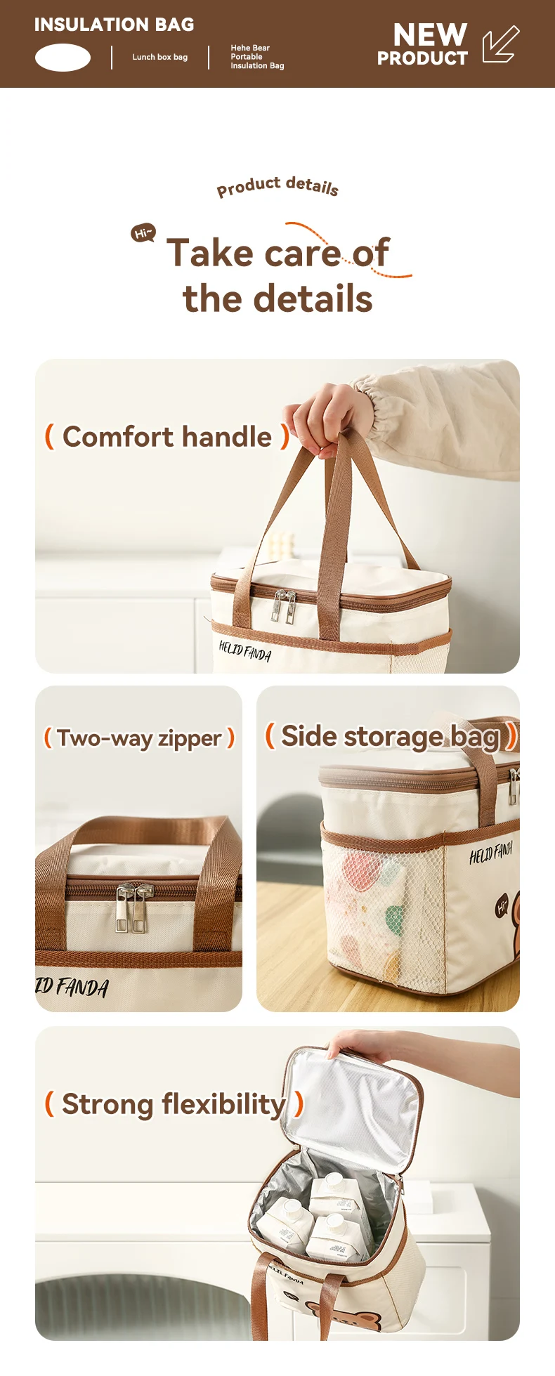 WORTHBUY Cute Thermal Lunch Box Bag Student Portable Large Capacity Insulated Lunch Bag Waterproof Reusable Picnic Cooler Bag