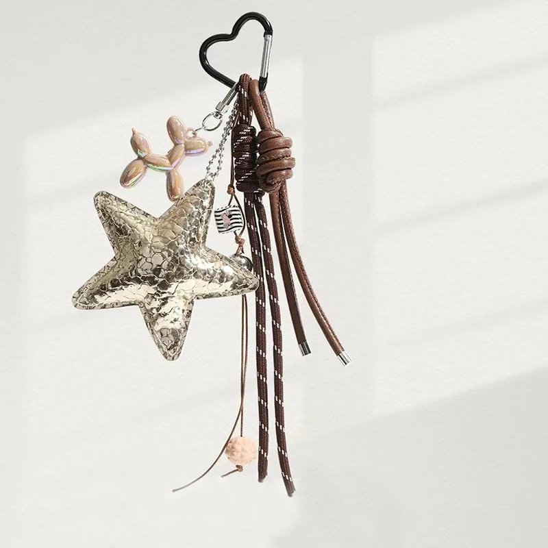 New Leather Star Bag Charm Cute Balloon Dog Rainbow Decorative Keychain Fashion Braided Rope Bag Pendant Accessorie