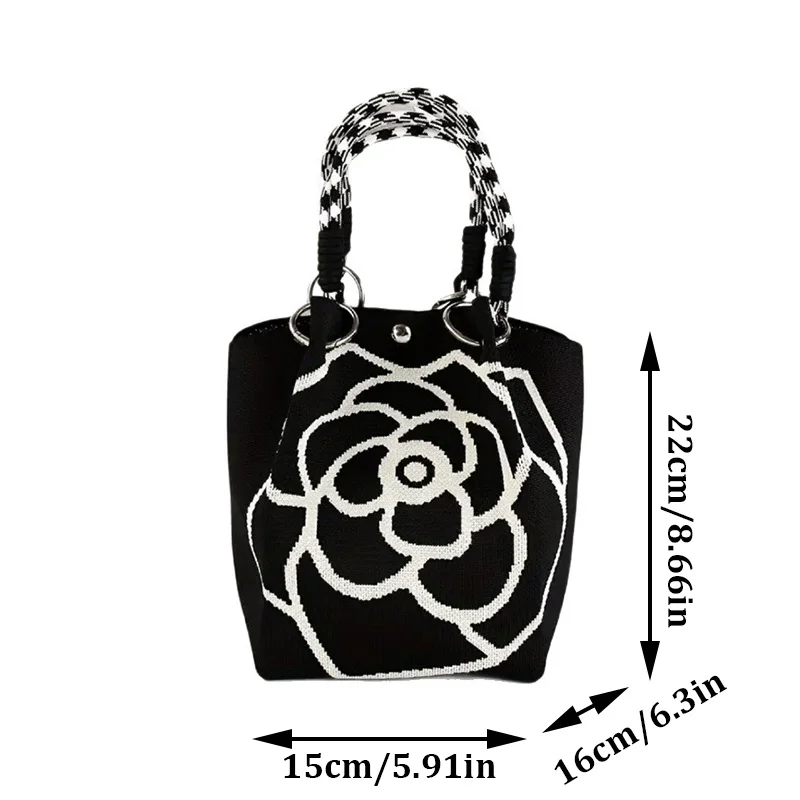 Fashion Flowers Knit Handbag Women Shoulder Bag Color Contrast Portable Ladies Beach Handbag Shopping Tote