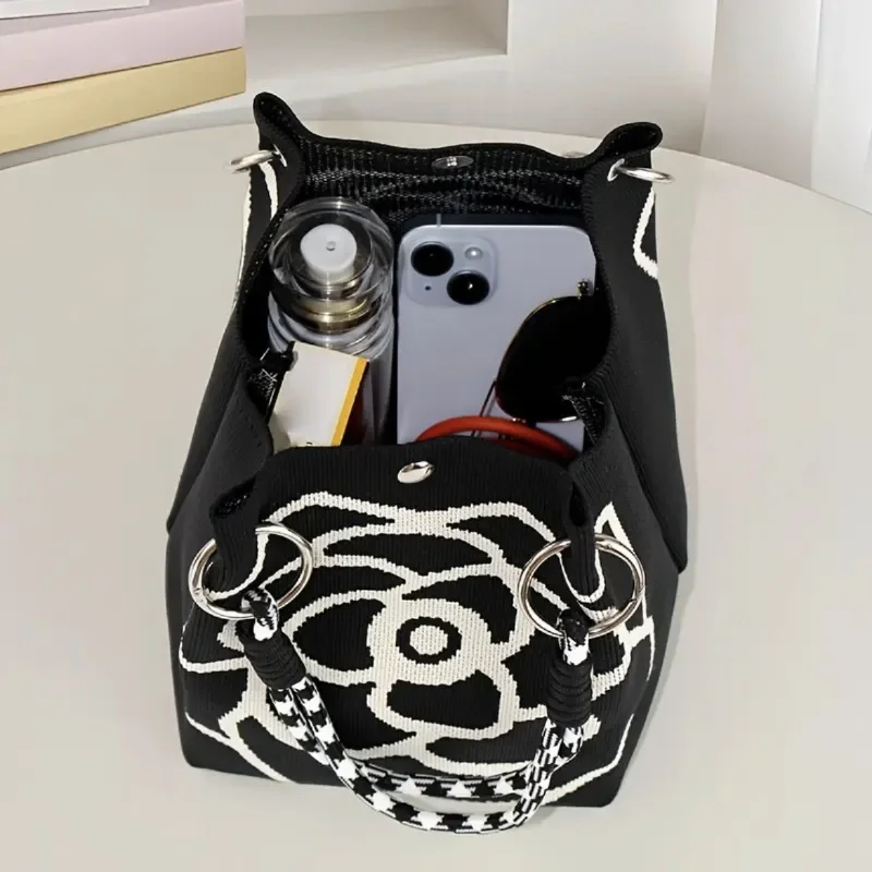 Fashion Flowers Knit Handbag Women Shoulder Bag Color Contrast Portable Ladies Beach Handbag Shopping Tote
