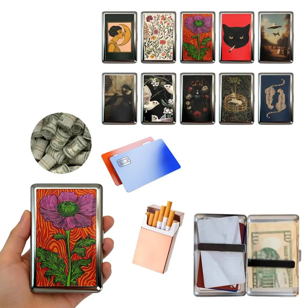 Multi-function Card Holder with Easy Snap Art Deco Illustration Versatile Metal Cigarette Case Vintage-Style Gift for Him & Her