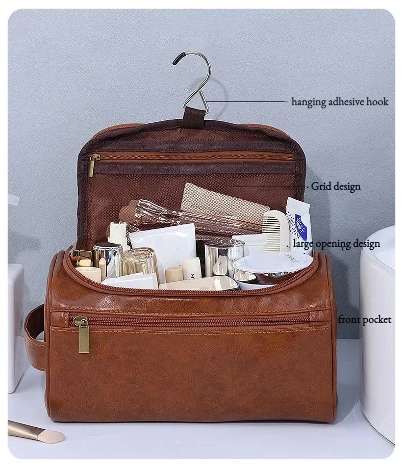 Leather Toiletry Bag for Men Women Dopp Kit Mens Hanging Toiletry Bag Travel Toiletry Bag for Traveling Large Cosmetic Bag for T