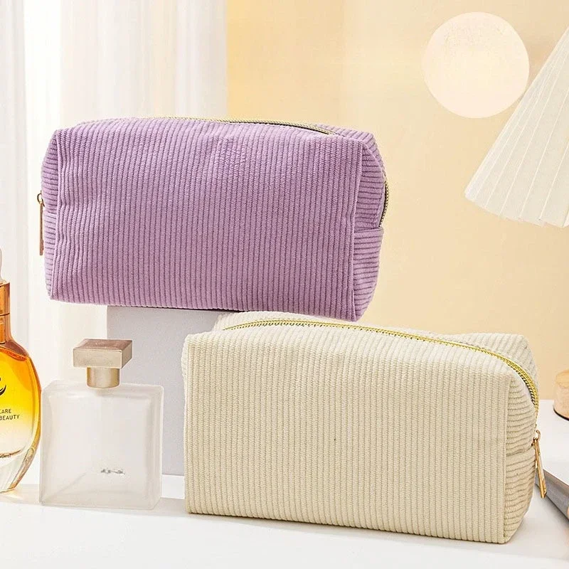 Cute Corduroy Cosmetic Bag for Girls Spacious Makeup Pouch Durable Stationery Organizer Pencil Case School Office Supplies