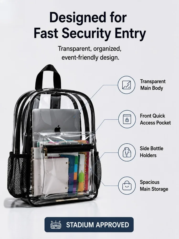 Clear Backpack Heavy Duty Transparent PVC Bookbag Stadium Approved Security Fast Checks For School College Work Music Festival