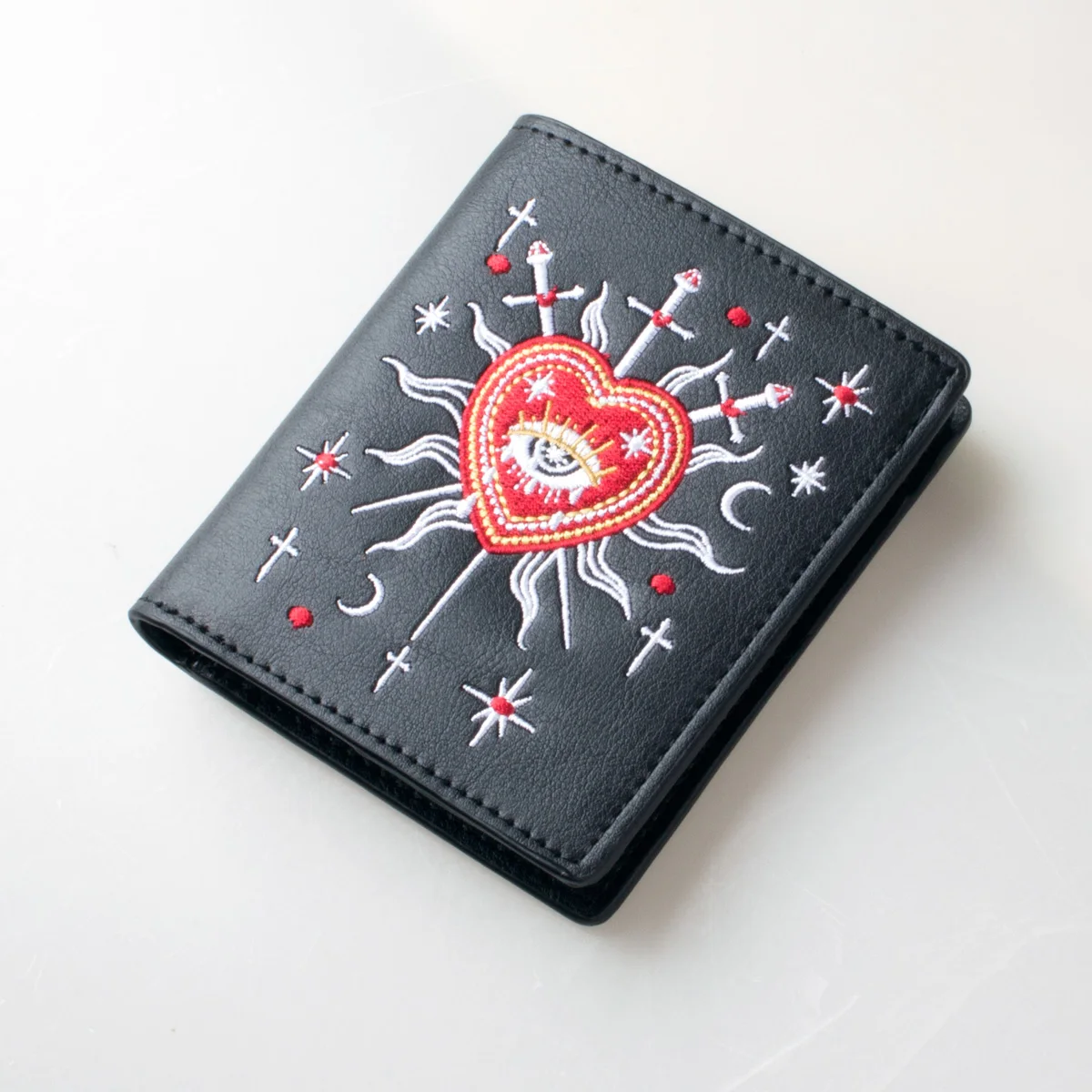 Gothic Witch Tarot Sword 3 Pattern Embroidered Wallet Fashionable Double-Fold ID Card Holder with Zipper Coin Pocket