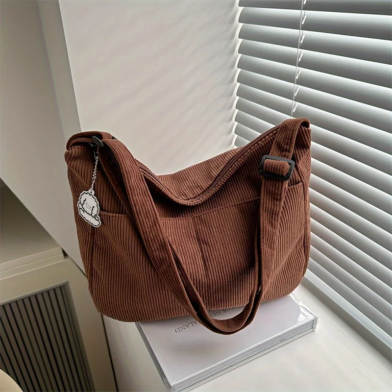 Women’s Corduroy Shoulder Bag, Casual Striped Large Capacity Tote with Zipper Closure, Cute Hat Patch, Perfect for Everyday Use