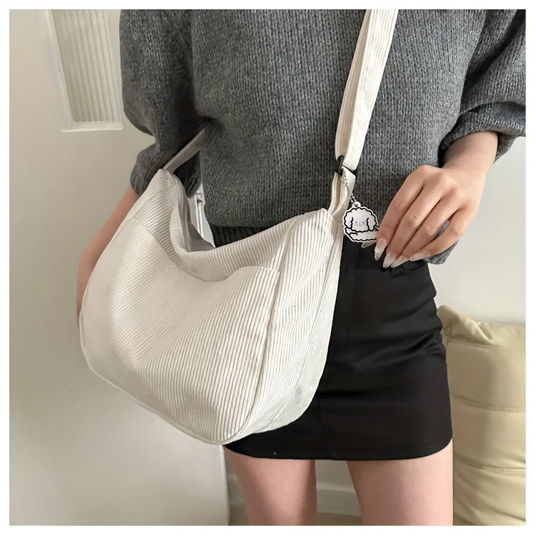 Women’s Corduroy Shoulder Bag, Casual Striped Large Capacity Tote with Zipper Closure, Cute Hat Patch, Perfect for Everyday Use
