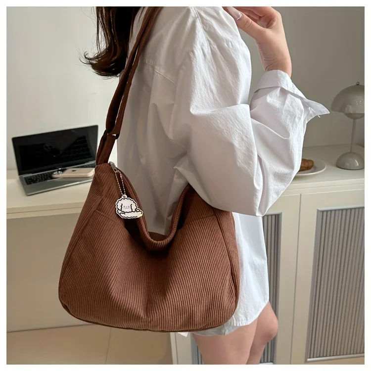 Women’s Corduroy Shoulder Bag, Casual Striped Large Capacity Tote with Zipper Closure, Cute Hat Patch, Perfect for Everyday Use