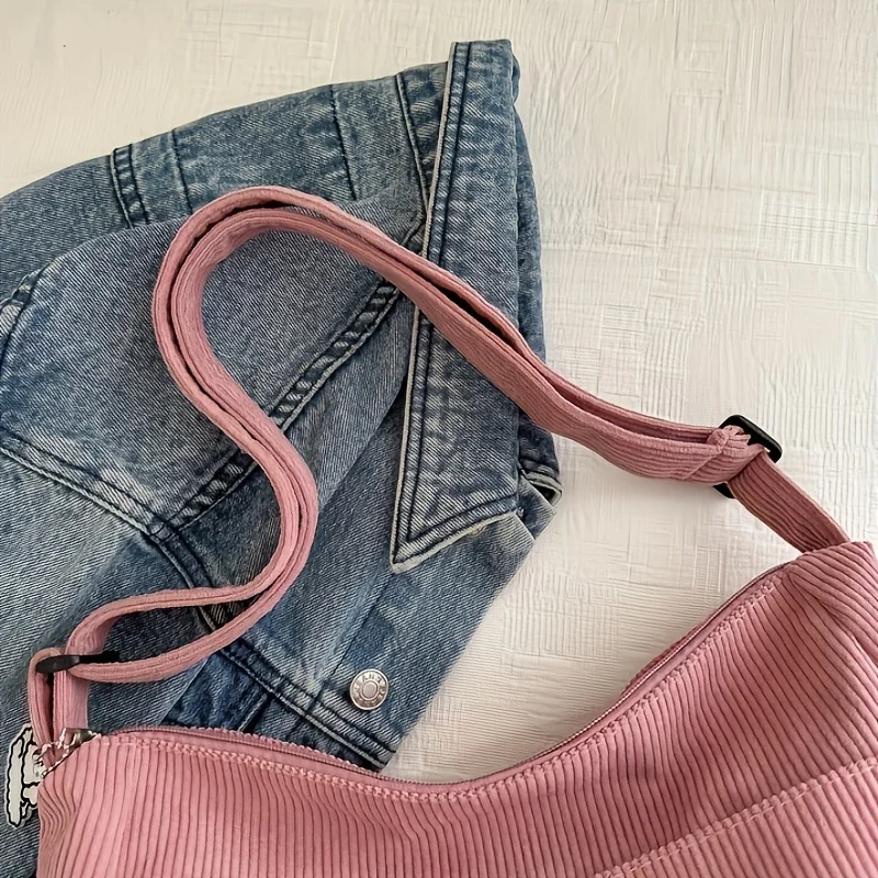 Women’s Corduroy Shoulder Bag, Casual Striped Large Capacity Tote with Zipper Closure, Cute Hat Patch, Perfect for Everyday Use